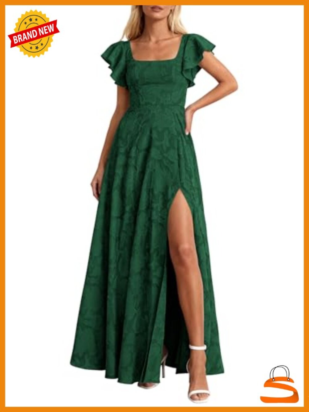 Jacquard Maxi Dress Ruffle Sleeve Square Neck Wedding Guest Formal Gown